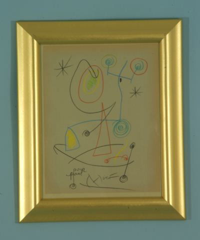 JOAN MIRO "UNTITLED ABSTRACT" COLOR PENCIL/CRAYON: ATTRIBUTED TO JOAN MIRO (1893-1983) "UNTITLED ABSTRACT" COLOR PENCILS OR CRAYON ON GRAYISH PAPER WITH SOME SLIGHT STAINING. FRAMED, SIGNED INSCRIBED "POUR PAUL" MIDDLE BOTTOM. Height: 18 1/2 and 9 1/2