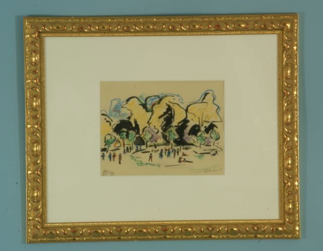ERNST LUDWIG KIRCHNER "PARK LANDSCAPE" INK/CRAYON: ATTRIBUTED TO ERNST LUDWIG KIRCHNER (1880-1938) "PARK LANDSCAPE" BLACK INK AND CRAYON OR CHALK WITH TRACES OF PENCIL. GILT FRAME AND MATTED, PENCIL SIGNED, DATED AND STAMPED. Height: 19 and 8 in. by W