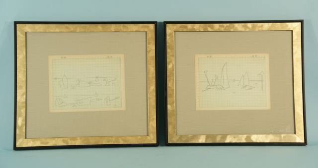 PAIR OF YVES TANGUY PENCIL ON PAPER: ATTRIBUTED TO YVES TANGUY (FRENCH, 1900-1955) "UNTITLED DRAWING" GRAPHITE/LEAD PENCIL ON GRID PAPER. FRAMED, SIGNED AND DATED 1936 LOWER RIGHT. POSSIBLE STUDIES FOR GOUACHES. ATTRIBUTED TO YVES TANGUY