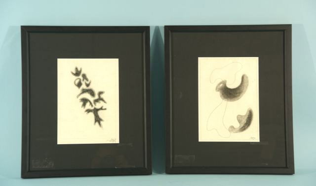 PAIR OF JEAN ARP CHARCOAL ON PAPER: ATTRIBUTED TO JEAN ARP "UNTITLED FIGURES" CHARCOAL/PENCIL ON PAPER. FRAMED, INITIALED LOWER RIGHT. DONE OVER A PERIOD OF A FEW YEARS GIVEN THE VARIOUS SIGNATURE EXAMPLES. ALL REMOVED FROM THE SAME POR