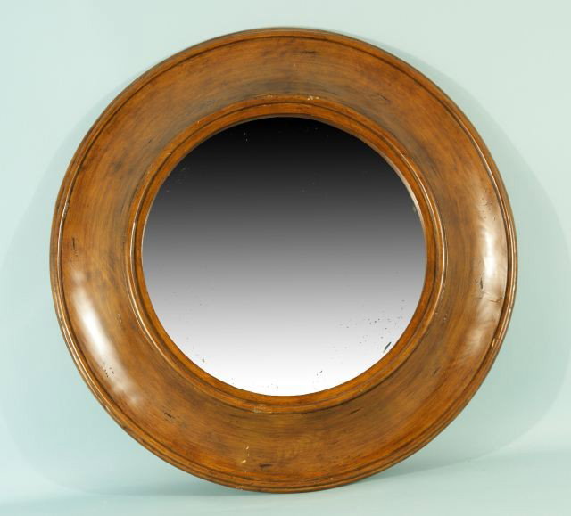 ROUND FRUITWOOD MIRROR: ROUND FRUITWOOD MIRROR. Height: 35 in. by Width: 35 in. by Depth: 4 in.