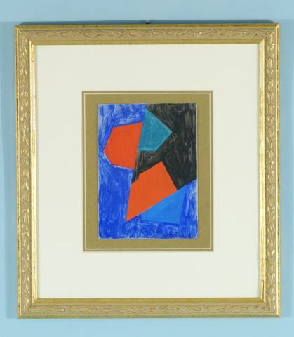 SERGE POLIAKOFF "ABSTRACT COMPOSITION" GOUACHE: ATTRIBUTED TO SERGE POLIAKOFF (1900-1969) "UNTITLED ABSTRACT COMPOSITION" GOUACHE ON HEAVY CARD PAPER. GILT FRAME AND MATTED, SIGNED LOWER RIGHT. Height: 17 and 8 in. by Width: 15 and 6 in.
