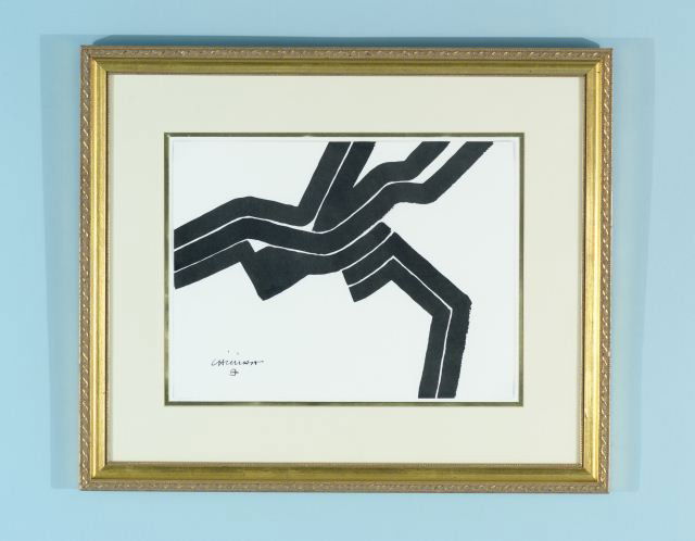 EDUARDO CHILLIDA "UNTITLED COMPOSITION" INK/PAPER: ATTRIBUTED TO EDUARDO CHILLIDA (1924-2002) "UNTITLED COMPOSITION" BLACK INK ON PAPER. GILT FRAME AND MATTED, SIGNED AND MONOGRAMMED LOWER LEFT. Height: 16 and 9 in. by Width: 18 1/2 and 12 in.