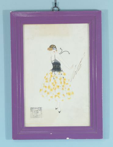 ERTE' "DEUXIEME ROBE DE DANTE DE LA FETE" LITHO: ERTE' "DEUXIEME ROBE DE DANTE DE LA FETE" COLOR LITHOGRAPH ROMAIN DE TIRTOFF VILLA EXCELSOR BEAUSOLEILM. PURPLE FRAME, SIGNED MIDDLE RIGHT. ADDITIONAL LETTER ON BACK DATED "18 MARCH 1919". Height: 15