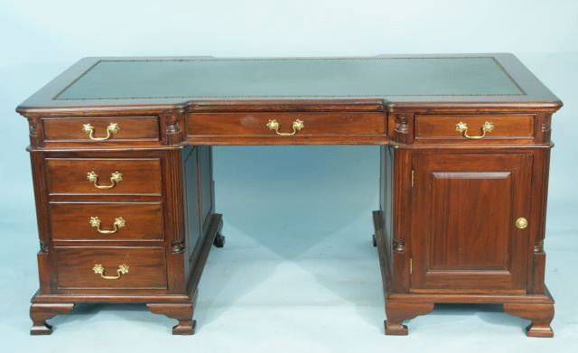 MAHOGANY DOUBLE PEDESTAL DESK WITH TOOLED LEATHER: MAHOGANY DOUBLE PEDESTAL PARTNERS DESK WITH TOOLED LEATHER TOP. Height: 31 in. by Width: 67 in. by Depth: 33 in.