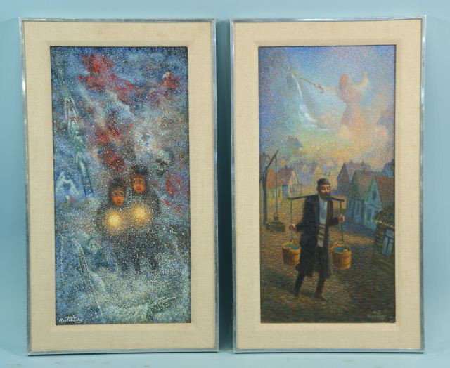 TWO NOTA KOSLOWSKY OIL ON CANVAS PAINTINGS: TWO NOTA KOSLOWSKY "MAN WITH WATER" & "WINTER STORM" OIL ON CANVAS PAINTINGS. SILVER FRAME, SIGNED LOWER RIGHT AND LEFT. Height: 29 and 24 in. by Width: 16 1/2 and 11 1/2 in.