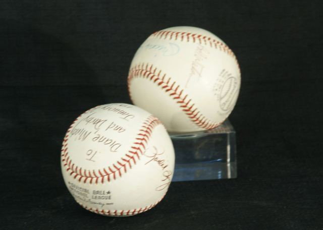 LOT OF TWO MAJOR LEAGUE AUTOGRAPHED BASEBALLS: LOT OF TWO MAJOR LEAGUE AUTOGRAPHED BASEBALLS. 1. BOB WATSON, MICKEY MANTLE, BILLY MARTIN AUTOGRAPHED BASEBALL. 2. NOLAN RYAN, RODELLE FINGER AND BOB WATSON AUTOGRAPHED BASEBALL.
