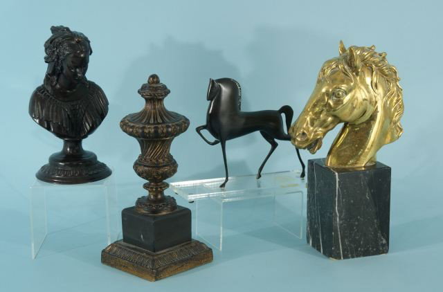 BOX LOT OF FOUR DECORATIVE PIECES: BOX LOT OF FOUR DECORATIVE PIECES INCLUDING TWO HORSES, ONE REPRODUCTION BRONZE OF FEMALE HEAD AND SHOULDERS AND ONE DECORATIVE FINIAL. Height: 13 in. by Width: 5 in. by Depth: 5 IN