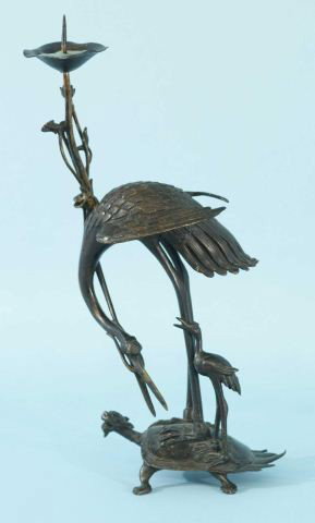 EDO JAPANESE BRONZE SCULPTURE, CIRCA 1780: ANTIQUE EDO PERIOD JAPANESE BRONZE SCULPTURE OF SACRED CRANE & TORTOISE. CIRCA 1780. Height: 14 in. by Width: 8 in. by Depth: 8 IN.