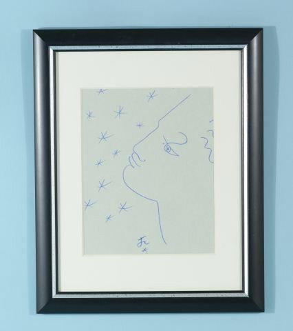 JEAN COCTEAU "FACE & STARS" PENCIL/CRAYON/PAPER: ATTRIBUTED TO JEAN COCTEAU (FRENCH, 1889-1963) "FACE & STARS" COLORED PENCIL/CRAYON ON GRAYISH/GREENISH PAPER. FRAMED AND MATTED AND INITIALED MIDDLE BOTTOM. Height: 16 1/4 and 9 1/2 in. by Width: 13 