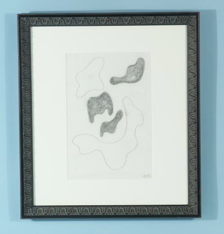 JEAN ARP "SHAPED FORMS" PENCIL/CHARCOAL ON PAPER: JEAN ARP (GERMAN-FRENCH, 1887-1966) "SHAPED FORMS" PENCIL/CHARCOAL ON TRACING (TRANSLUCENT) PAPER. FRAMED AND MATTED, INITIALED LOWER RIGHT. Height: 17 3/4 and 11 in. by Width: 15 3/4 and 7 1/4 in.