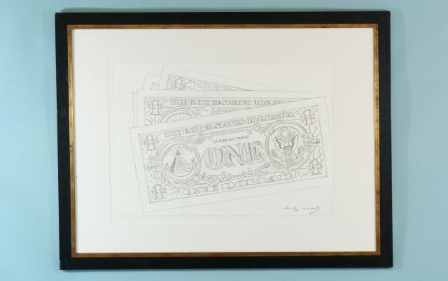 ANDY WARHOL "DOLLAR BILLS" PENCIL DRAWING: ATTRIBUTED TO ANDY WARHOL (1928-1987) "DOLLAR BILLS" IMPRESSIVE PENCIL DRAWING. FRAMED AND MATTED, SIGNED LOWER RIGHT. OVERALL EXCELLENT CONDITION, WITH SOME VERY SLIGHT SMUDGING IN SMALL AREAS. FROM