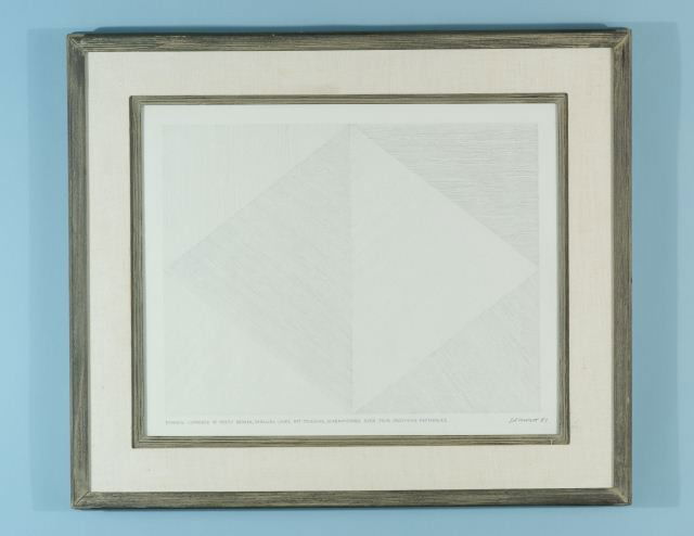 SOL LEWITT "PYRAMID OF BROKEN LINES" GRAPHITE/PAPER: ATTRIBUTED TO SOL LEWITT (1928-2007) "PYRAMID COMPOSED OF MOSTLY BROKEN, PARALLEL LINES, NOT TOUCHING, SUPERIMPOSED OVER FOUR ADJOINING RECTANGLES", EXTRAORDINARY GRAPHITE DRAWING ON SOFT WOVE PAPER.