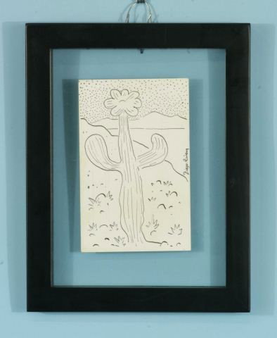 DIEGO RIVERA "CACTUS" BLACK INK ON POSTCARD: ATTRIBUTED TO DIEGO RIVERA (1886-1957) "CACTUS" BLACK INK ON ORIGINAL PHOTOGRAPHIC POSTCARD INSCRIBED, "NO. 535 EN EL RANCHO DEL CHARRO, MEXICO CITY." FLOATING FRAME, SIGNED MIDDLE RIGHT. Height: 5 1/