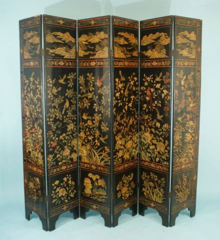 ANTIQUE CHINESE COROMANDEL SIX-PANEL SCREEN: ANTIQUE CHINESE COROMANDEL SIX-PANEL SCREEN. ONE SIDE DEPICTING AN EXOTIC GARDEN WITH SCHOLARS ROCKS, BIRDS AND FLORA, AND A MOUNTAINOUS LANDSCAPES. THE OTHER SIDE WITH AN ENACTMENT OF A HEROIC PROCES