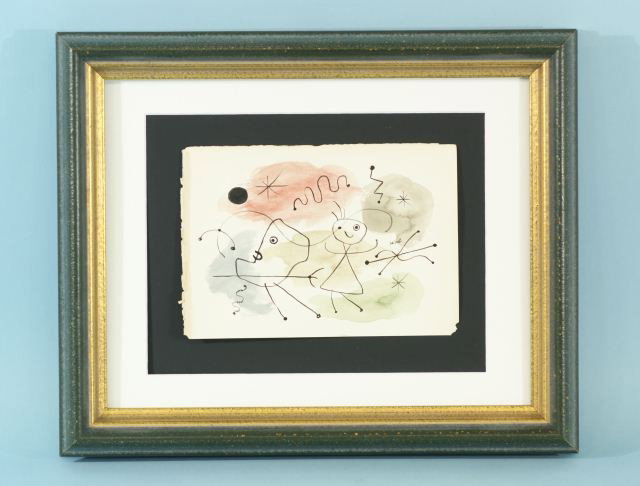 JOAN MIRO "UNTITLED ABSTRACT" WATERCOLOR, INK: ATTRIBUTED TO JOAN MIRO (1893-1983) "UNTITLED ABSTRACT" WATERCOLOR WITH BLACK INK ON PAPER. GILT FRAME AND MATTED, SIGNED MIDDLE RIGHT. SOME OF THE PAPER EDGES ARE SLIGHTLY TATTERED BUT OTHERWISE IN V