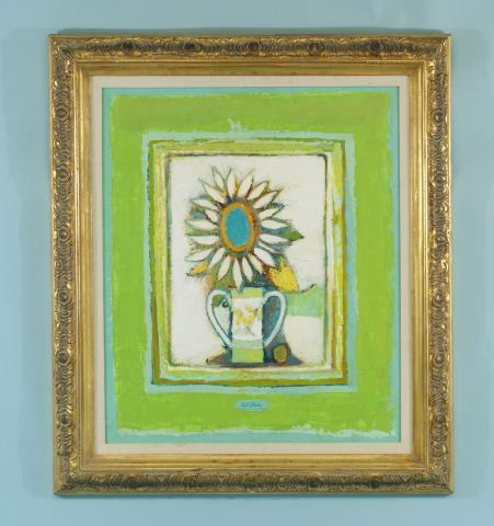DAVID ADICKES "GREEN STILL LIFE SINGLE FLOWER": DAVID ADICKES "GREEN STILL LIFE SINGLE FLOWER" ACRYLIC ON PANEL. GILT FRAME, SIGNED MIDDLE BOTTOM. Height: 32 1/2 and 25 in. by Width: 27 1/2 and 21 1/2 in.