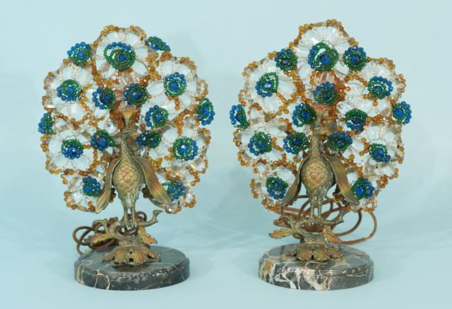 AIR OF ART DECO CZECHOSLOVAKIAN PEACOCK LAMPS: PAIR OF ART DECO CZECHOSLOVAKIAN PEACOCK BEADED LAMPS. Height: 14 in. by Width: 9 1/2 in. by Depth: 5 in.