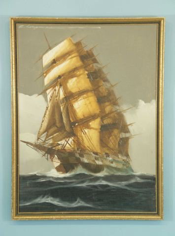 RICARDO LONGHINI "SAILING SHIP" OIL ON CANVAS: RICARDO LONGHINI (ARGENTINIAN, 1949 TO PRESENT) "SAILING SHIP" OIL ON CANVAS. Height: 29 in. by Width: 21 1/2 in. by Depth: 1 1/4 in.