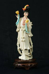 CARVED IVORY CHINESE FIGURE: CARVED IVORY CHINESE FIGURE ON STAND. Height: 10 1/2 in. by Width: 4 in. by Depth: 3 in. Ivory Height without stand is 9 inches.