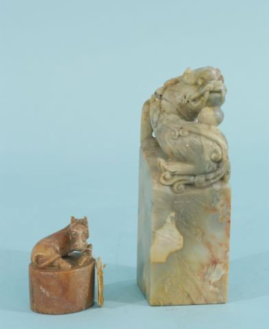 TWO ORIENTAL CARVED SOAPSTONE CHOPS: TWO ORIENTAL CARVED SOAPSTONE CHOPS. Height: 6 and 2 1/2 in. by Width: 2 and 1 3/4 in. by Depth: 2 and 1 1/4 in.