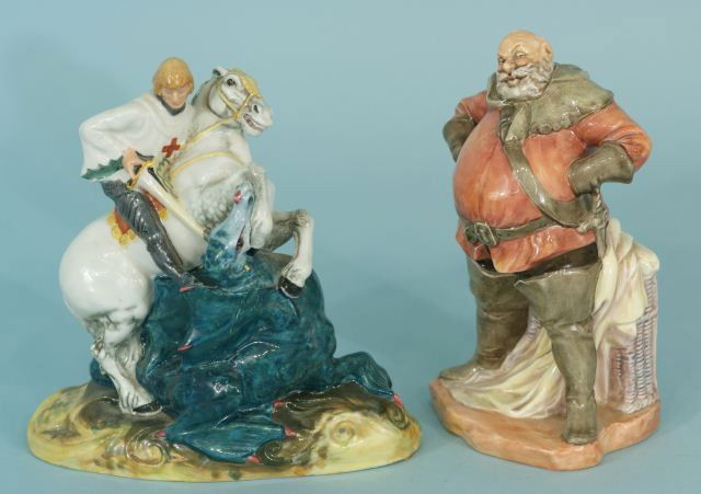 TWO ROYAL DALTON PORCELAIN FIGURES: TWO ROYAL DALTON PORCELAIN FIGURES OF ST. GEORGE AND FLAGSTAFF. Height: 7 1/2 in. by Width: 4 1/2 in. by Depth: 4 in.