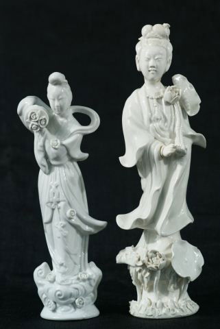 TWO ANTIQUE CHINESE BLANC-DE-CHIN FIGURES: TWO ANTIQUE CHINESE BLANC-DE-CHIN FIGURES. Height: 10 1/4 and 8 1/2 in. by Width: 3 1/2 and 3 in. by Depth: 2 3/4 and 2 1/4 in.