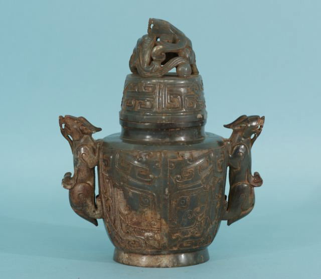 CHINESE SOAPSTONE LIDDED TEMPLE URN: CHINESE SOAPSTONE LIDDED TEMPLE URN. Height: 8 1/2 in. by Width: 7 1/2 in. by Depth: 5 in.