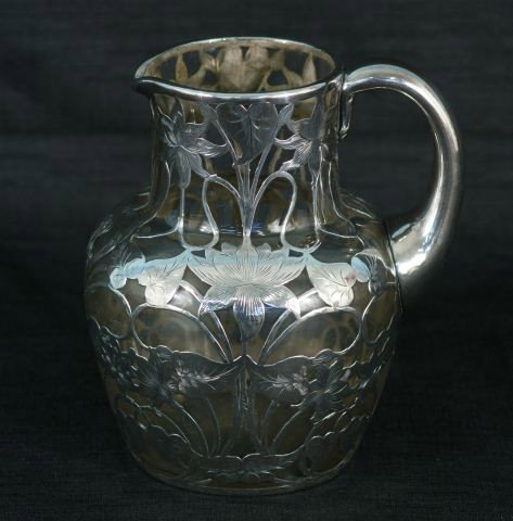 GLASS PITCHER WITH STERLING SILVER OVERLAY: GLASS PITCHER WITH STERLING SILVER OVERLAY Height: 7