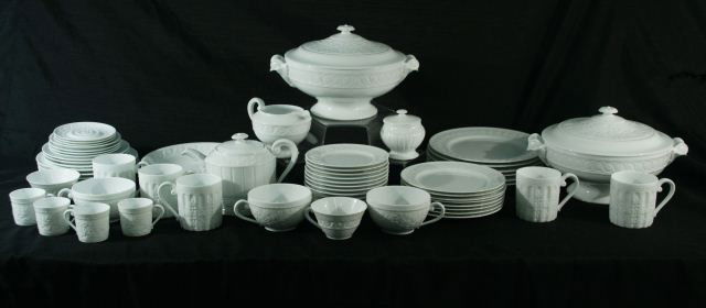 SIXTY-ONE PIECE "LOUVRE" BERNARDAUD LIMOGES CHINA: SIXTY-ONE PIECE SET OF "LOUVRE" BERNARDAUD LIMOGES FRANCE CHINA. 6 (10 1/2 IN. ) DINNER PLATES, 8 (8 1/2 IN.) SALAD PLATES, 3 (7 1/4 IN.) BREAD PLATES, 12 (6 3/4 IN.) BREAD PLATES, 4 (6 IN.) SAUCERS,