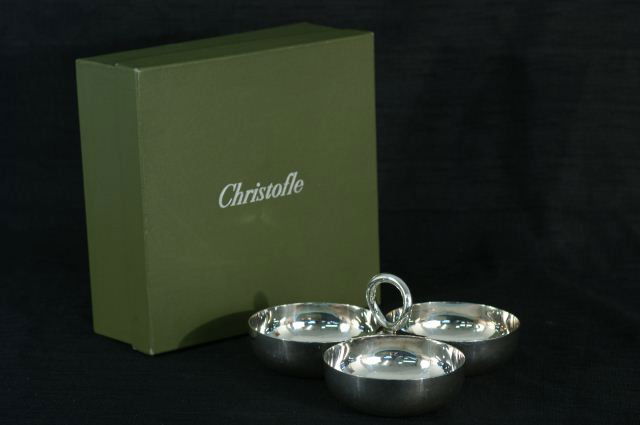 CHRISTOFLE SILVERPLATE THREE BOWL CANDY DISH: CHRISTOFLE SILVERPLATE THREE BOWL CANDY DISH. Height: 4 in. by Width: 9 in. by Depth: 9 in.