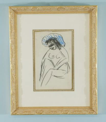 ERNST KIRCHNER "NUDE W/ BLUE HAT" CHARCOAL/PASTEL: ATTRIBUTED TO ERNST LUDWIG KIRCHNER (GERMAN, 1880-1938) "NUDE WITH BLUE HAT" CHARCOAL WITH PASTEL, UNSGINED. ESTATE STAMP ON REVERSE. GILT FRAME AND MATTED. Height: 8 1/4 in. by Width: 5 1/4 in.