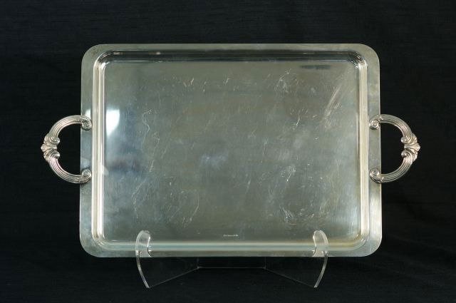 CHRISTOFLE SILVERPLATED TRAY WITH HANDLES: CHRISTOFLE SILVERPLATED TRAY WITH HANDLES Height: 1/4 in. by Width: 21 in. by Depth: 13 IN.