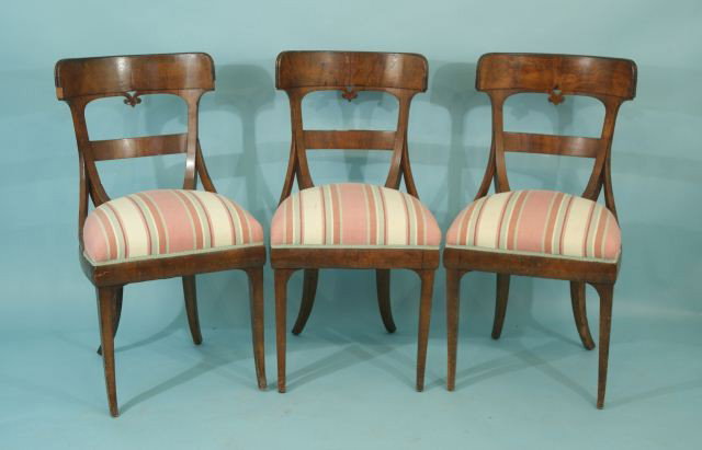 FOUR HUNGARIAN BIEDERMEIER CHAIRS, CIRCA 1810: LOT OF FOUR ANTIQUE HUNGARIAN BIEDERMEIER CURVE BACK SIDE CHAIRS WITH STRIPED UPHOLSTERED SEATS. CIRCA 1810. Height: 35 in. by Width: 17 1/2 in. by Depth: 16 in.