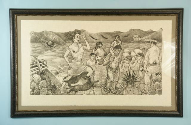 LUIS JIMENEZ "TAN LEJOS DE DIOS" CHARCOAL: LUIS JIMENEZ (1940-2006) "TAN LEJOS DE DIOS: TAN CERCAS DE LOS ESTADOS UNIDOS" CHARCOAL/PENCIL, EDITION NUMBER 23/50 Height: 41 and 32 in. by Width: 52 and 37 in. by Depth: 1 in.