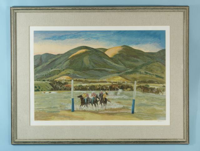 PETER HURD "A PRACTICE GAME" SILKSCREEN #66/250: PETER HURD "A PRACTICE GAME" COLOR SILKSCREEN, EDITION NUMBER 66/250. FRAMED AND MATTED. Height: 39 and 29 1/2 in. by Width: 51 and 37 in.