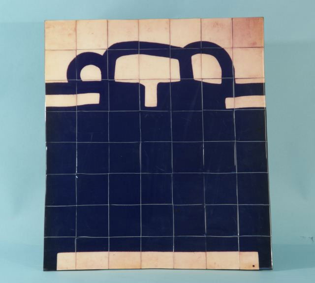 EDUARDO CHILLIDA PAINTED TILE MURAL, 1984: EDUARDO CHILLIDA PAINTED TILE MURAL ON DESK FRAME, 1984. Height: 21 in. by Width: 18 in. by Depth: 1/4 in.