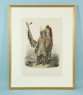 KARL BODMER "MATO-TOPE" ETCHING/AQUATINT: KARL BODMER AFTER GEORGE CATLIN "MATO-TOPE, A MANDAN CHIEF" HAND COLORED ETCHING AND AQUATINT. PUBLISHED 1839. Height: 20 1/2 in. by Width: 14 1/2 in.