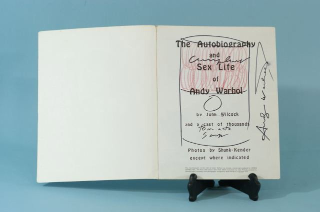 THE AUTOBIOGRAPHY & SEX LIFE OF ANDY WARHOL, 1971: THE AUTOBIOGRAPHY & SEX LIFE OF ANDY WARHOL BY JOHN WILCOCK, COPYRIGHT 1971, WITH ORIGINAL DRAWING (ATTRIBUTED TO ANDY WARHOL) ON TITLE PAGE, CAMPBELL'S TOMATO SOUP CAN, BLACK FELT-TIP PEN HIGHLIGHTED