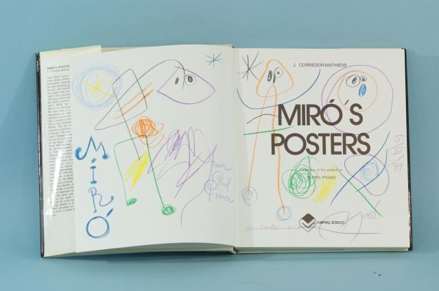 MIRO'S POSTERS BY GLORIA PICAZO, COPYRIGHT 1980: MIRO'S POSTERS BY GLORIA PICAZO, COPYRIGHT 1980, WITH NUMEROUS ORIGINAL DRAWINGS (ATTRIBUTED TO JOAN MIRO) ON TITLE PAGE AND FACING PAGE, CRAYON (OR COLORED PENCIL) SIGNED, DEDICATED TO "POUR PAUL PIE