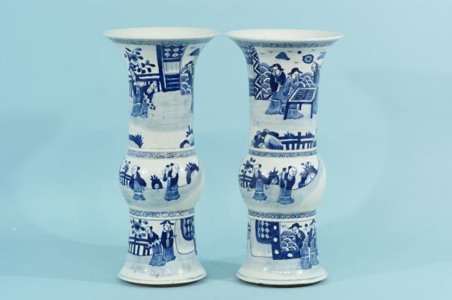 PAIR OF CHINESE BLUE AND WHITE REPRODUCTION BEAKER: PAIR OF CHINESE BLUE AND WHITE REPRODUCTION BEAKER VASES Height: 16 1/2 in. by Width: 8 in. by Depth: 8 IN.