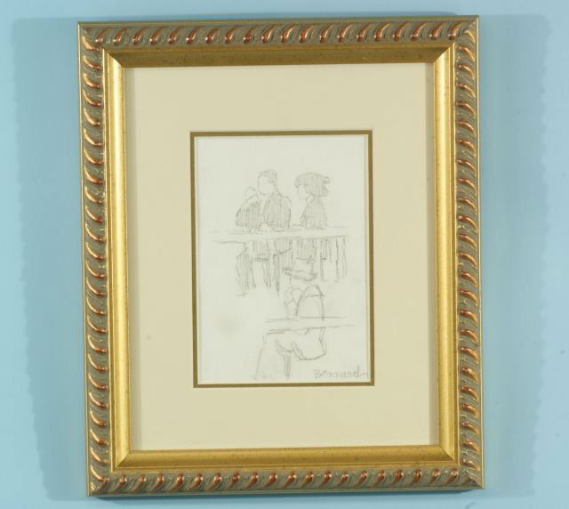 PIERRE BONNARD "SEATED FIGURES" PENCIL ON PAPER: ATTRIBUTED TO PIERRE BONNARD (1867-1947) "SEATED FIGURES" PENCIL ON PAPER. GILT FRAMED AND MATTED, SIGNED LOWER RIGHT. Height: 6 3/4 in. by Width: 4 1/2 in.
