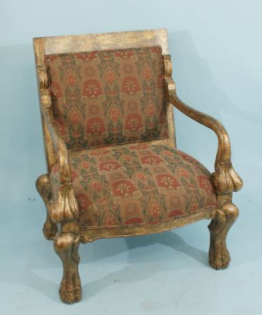 GILDED ARMCHAIR WITH PAW FEET: GILDED ARMCHAIR WITH PAW FEET. Height: 37 in. by Width: 28 in. by Depth: 23 in.