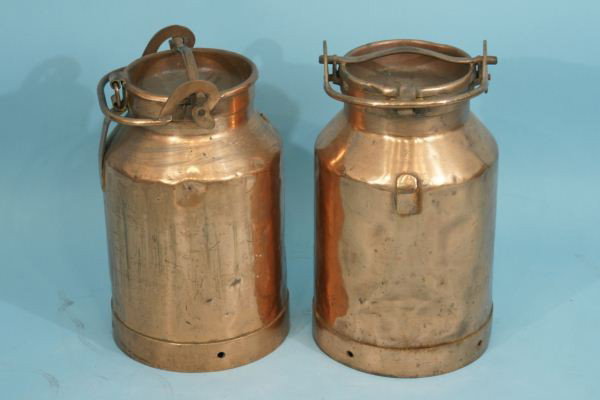 PAIR ANTIQUE COPPER MILK CANS, CIRCA 1880: PAIR OF ANTIQUE COPPER MILK CANS. CIRCA 1880. Height: 20 in. by Width: 12 in. by Depth: 12 in.