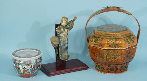 LOT OF THREE DECORATIVE PIECES: LOT OF THREE DECORATIVE PIECES. CHINESE HAND PAINTED BASKET, CHINESE PORCELAIN CACHEPOT, CHINESE CERAMIC SCULPTURE ON STAND. Height: 15 and 12 and 5 in. by Width: 11 1/2 and 10 and 6 1/2 in. by Depth: