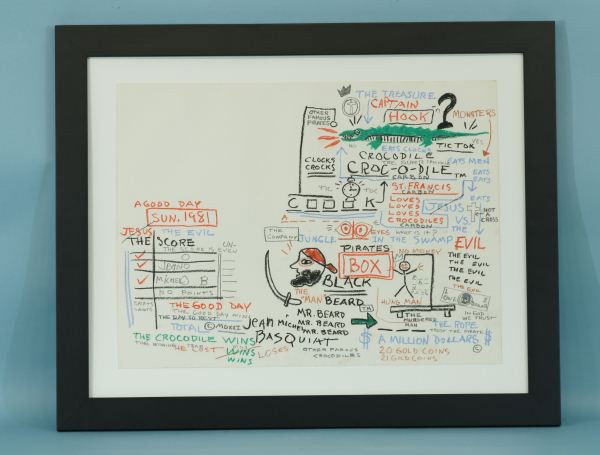 JEAN-MICHEL BASQUIAT "UNTITLED COMPOSITION": AFTER JEAN-MICHEL BASQUIAT (1960-1988) "UNTITLED COMPOSTION" OIL STICKS, COLORED PENCILS AND/OR CHALK AND GRAPHITE ON PAPER. SIGNED AND DATED 1981. Height: 25 1/2 and 18 in. by Width: 32 and 24 in. by