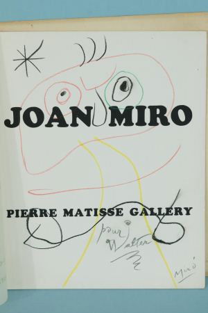 JOAN MIRO (1893-1983) COLORED PENCIL DRAWING ON T: ATTRIBUTED TO JOAN MIRO (1893-1983) COLORED PENCIL DRAWING ON TITLE PAGE OF PIERRE MATISSE GALLERY EXHIBITION CATALOGUE, MARCH 6-MARCH 31, 1950. SIGNED LOWER RIGHT AND INSCRIBED "POUR WALTER". THE CAT