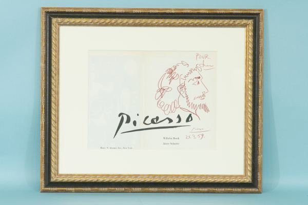 PICASSO "DRAWING ON TITLE PAGE" COLOR PENCIL: ATTRIBUTTED TO PABLO PICASSO BY WILHELM BOECK AND JAMIE SABARTES (ED'S.) FRAMED AND JOINED DOUBLE TITLE PAGE FROM THE FIRST EDITION (1957), WITH EXCEPTIONAL COLORED PENCIL DRAWING, SIGNED AND DATED 26