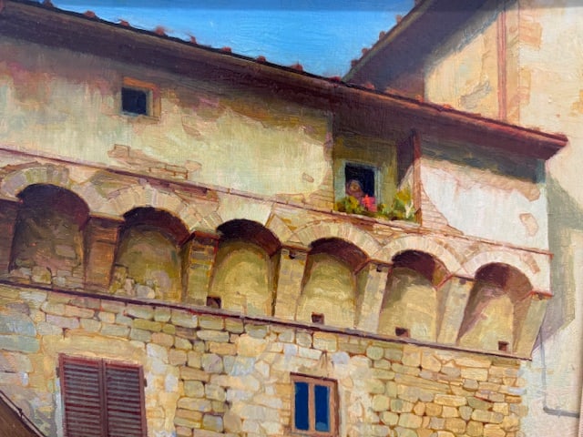Bill (William) Kautz Impressionist Oil/b Buildings With A Figure in the Window: Bill Kauts (NY 1919-1988) impressionist depiction of European stone and stucco buildings. Oil on Masonite board. Signed on the LR and dated '78. Label on the back with the title and original price. Ab