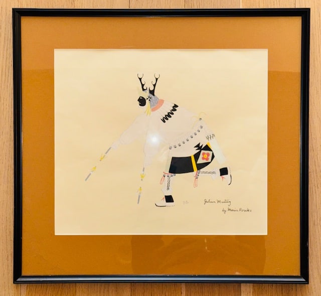 Potter Maria Paveka Martinez Silk Screen 'Julian Martinez' Native American San Ildefonso Pueblo: This silk screen print (from 1980) is based on Julian Martinez's original Deer Dancer painting from the 1920s. Martinez (1879–1943) was a renowned potter and artist from the San Ildefonso Pueblo in